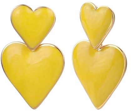 TaYolnFaSo Boucles d'oreilles en forme de cœur en émail jaune - Double pendentif en forme de cœur - Cadeau pour femme, Moyen, Acier inoxydable, Pas de pierre précieuse