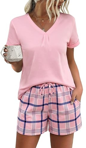 Jezonga Women's Pyjamas Sets Short Sleeve Two Piece Pj Sets Summer | Soft Cotton V-Neck Checked Pjs Loungewear Sleepwear for Ladies with Pockets S-XXL