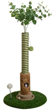 Ronyme Griffoir pour Chat Colonne à Gratter Accessoire pour Chat avec Colonne Base Ronde et Détails Feuillus avec Balle à Suspendre Structure Autonome