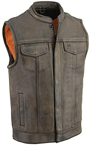 Milwaukee Leather MLM3510 Men's Black/Beige Premium Leather Club Style Vest - Dual Closure Open Neck Motorcycle Vest - X-Large
