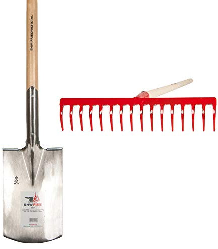 SHW-FIRE 16 Zinken Gartenrechen und Gärtnerspaten Set - Stabiler Stahl und Holzstiel - Einfaches Gärtnern
