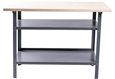 GERMANIA Werkbank mit Holzplatte - 120 x 60 x 85 cm - 2 Einlegeböden - Metallgestell - Tragekapazität bis zu 300kg - Werktisch, Werkstatttisch, Sägetisch, Arbeitstisch