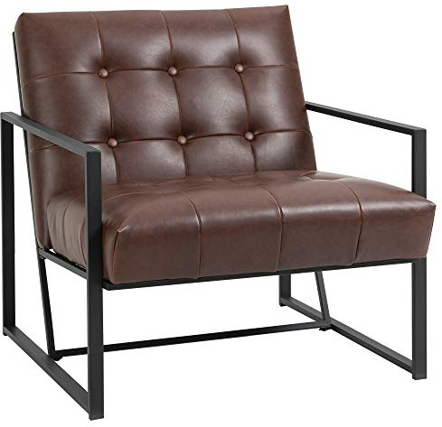 HOMCOM Poltrona Imbottita Stile Industriale Trapuntata a Bottoni, Arredamento Moderno Poltroncina da Ingresso in Metallo e PU, 75x81x78cm Marrone