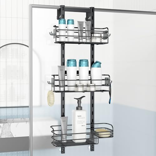 Nieifi Étagère de rangement pour porte de douche avec crochets fiables, robuste et antirouille à suspendre, étagère de salle de bain, sans perçage, extra large