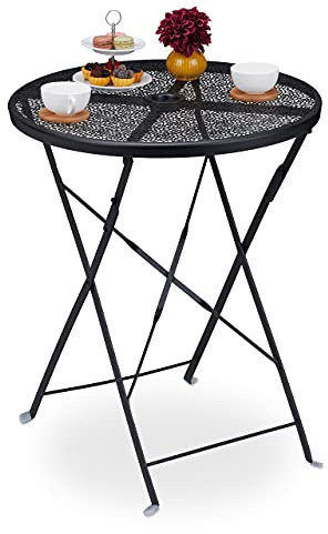 Relaxdays Balkontisch klappbar, HxD: 71,5 x 60,5 cm, wetterfester Gartentisch mit Schirmloch, rund, Stahl, schwarz | wetterfester Gartentisch mit Schirmloch, rund, Stahl