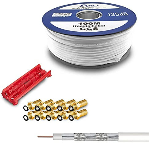 ARLI 100m Koaxialkabel – max. 135 dB 5-fach geschirmt UV-beständig + Abisoliermesser & 10x F-Stecker vergoldet für DVB-S DVB-T2 4K HDTV