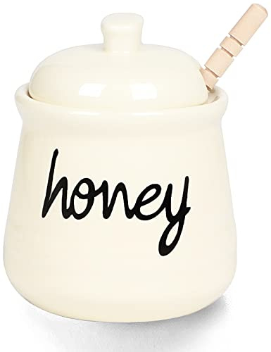 ONTUBE Honey Jar with Dipper and Lid, Ceramic Honey Pot 12oz, Beige