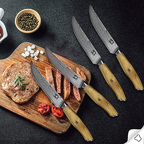 DELLINGER 4er-Set SOK OLIVE SUNSHINE Steakmesser im Geschenkkarton - Küchenmesser, Fleischmesser und Edelstahl und 67 Lagen Damaststahl und Griff aus westlichem Olivenholz, Klinge 130 mm