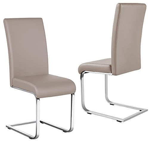 Yaheetech 2er Set Esszimmerstuhl mit Metallbeine Schwingstuhl, Hellbraun | Freischwinger Stuhl aus Kunstleder, Gepolstert Küchenstuhl bis 135 kg belastbar, für Esszimmer/Küche/Restaurant