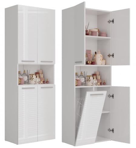 ADGO Badezimmerschrank mit Wäschekorb Nel - Kleiderschrank - Badezimmermöbel - Badezimmerregal - Aufbewahrungsschrank - Bad Hochschrank - Badezimmerschrank Hoch - Mehrzweckschrank - Wäscheschrank