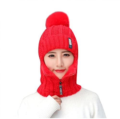qudang Winter Mütze Schal Set Damen Wintermütze mit Bommel Reißverschluss Sturmhaube Unisex Strickmütze Dicke Fleecefutter 3 in 1 Warm Gefüttert für Outdoor-Wintersport, Rot, Einheitsgröße