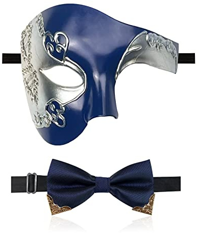 IncreDecor Maskeradmask för män, fantom på operan, halv ansiktsmask med fluga, vintage venetianska masker för halloween kostymfest (blå)