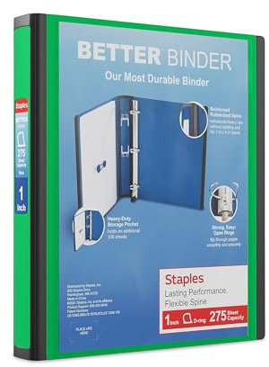 Staples Better Binder, 1 D‑Ring Heavy‑Duty 3‑Ring Binder, Green, Reinforced Spine, 275‑Sheet Capacity, Durable for School, Office & Reports, 3‑Pack