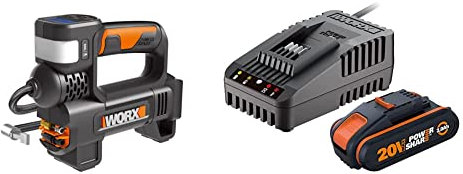 WORX 20V Akku-Multifunktions-Luftpumpe WX092.9 ohne Akku und Ladegerät, Schwarz & WA3601 PowerShare Akku mit Ladegerät Set - 20V 2000mAh Li-Ion Akkubatterie & Akku Ladestation