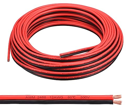 QUARKZMAN 12AWG Elektrischer Draht 2 x 3,31 mm² Strom Kabel 15 Meter Weich und flexibel Kupfer Verlängerungskabel UL2468 Mantelleitung Gerätekabel PVC Silkon 2 adrig Rot Schwarz Elektrokabel
