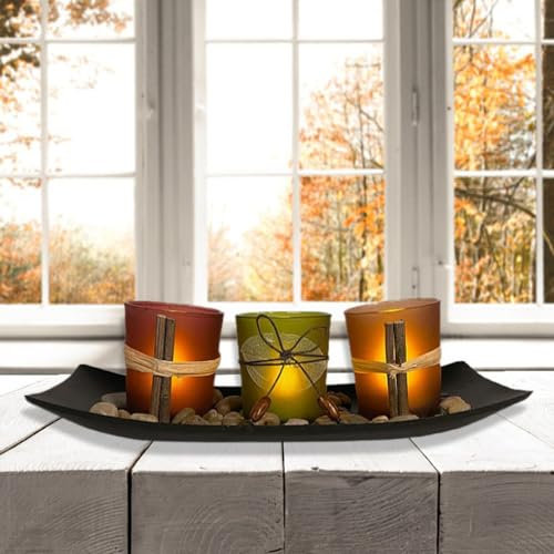 Hosoncovy Tea Light Candle Holder Set of 3 ,Glass Candle Holders with Tray and Decorative Pebbles ,Tealight Candle Holder for Weddings, Party and Home Decor
