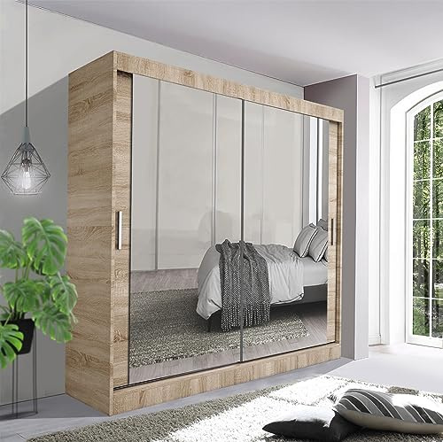 German Sliding Wardrobe Spacious Bedroom Sliding Wardrobe - Sleek and Functional Design comes in White/Grey/Black/Oak and Width 100cm/120cm/150cm/180cm/203cm/250cm (Oak, 203cm)