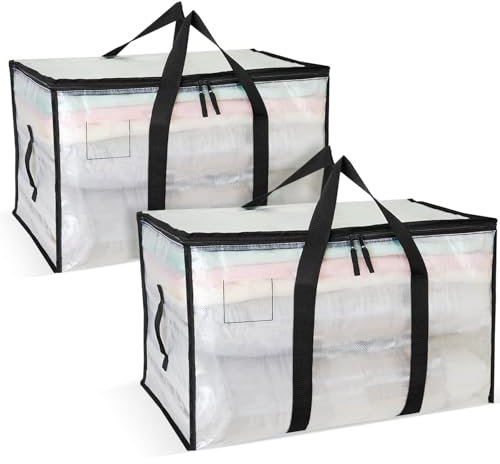 Aufbewahrungstasche Große 2er-Pack 92L Umzugstaschen Unterbett Aufbewahrungsbox mit Reißverschlüssen und Griff Wasserdicht Transparent für Umzüge und zur Aufbewahrung von Kleidung