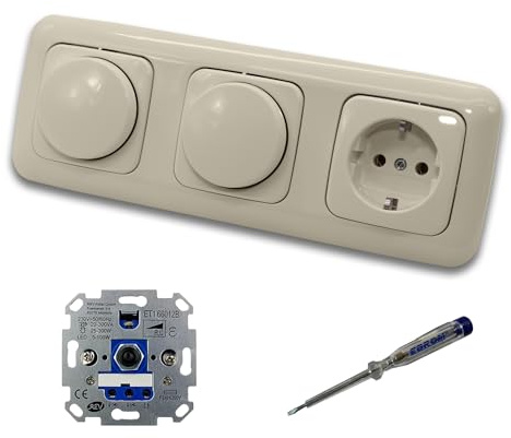 REV Ritter (2 x) LED Drehdimmer Dimmer + Busch Jäger Dimmerscheiben 2115-212 und Steckdose 20EUC-212 in DURO2000 cremeweiß glänzend inklusive EBROM Phasenprüfer zur Montage der Geräte ET1 66012B