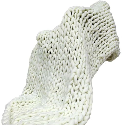 Amunpitic Chunky Knit Decke, Dicke Gestrickte Decke Handgefertigt, Chunky Strickdecke, Kuscheldecke Strick, Gestrickte Grobe Strickdecke, für Schlafzimmer Wohnzimmer (White 100x200cm)