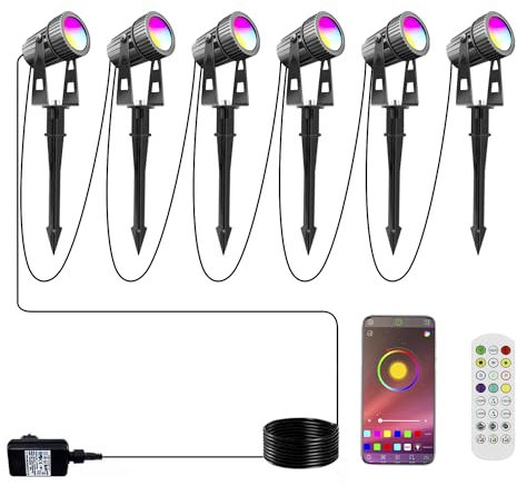 Arotelicht 6pcs Garden Spike Lights, IP65 Waterproof LED RGB+Warm White Color Changing COB Landscape Spotlight Mains Powered, Pathway Lights with Ground Spike, 2100LM for Outdoor Garden, Lawn