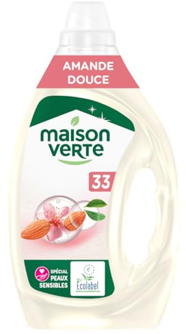 Maison Verte, Lessive Liquide Detachante Ecolabel, Parfum Amande Douce, Efficace des 20°C, Special Peaux Sensibles, Sans Colorants, Sans Conservateurs ajoutes MIT/BIT, 33 Lavages