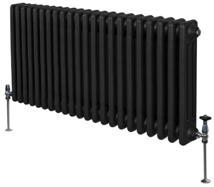 Traditioneller 3-Spalten-Heizkörper 600 x 1012mm | Horizontaler Wandheizkörper | Matt Schwarz Kohlenstoffstahl | Wohn- Badezimmer Küche [Inkl. Reinigungsbürste, Befestigungsset & Halterungen]