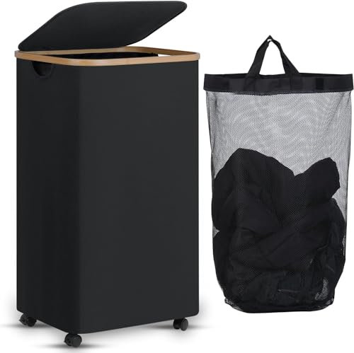 efluky Cesto Biancheria Sporca con Ruote 100L, Portabiancheria con Coperchio, Cesto da Bucato Pieghevole con Manici in Bambù e Sacchetto Rimovibile, Cestos da Stiro Pieghevole