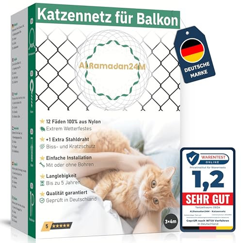 Premium Katzennetz für Balkon - 3x4m in Schwarz Extra Drahtverstärkt, Katzenschutznetz mit oder ohne Bohren Fensternetz Balkonnetz für Katzen Schutz Katzenschutz Fensterschutz Schutznetz, Cat Net