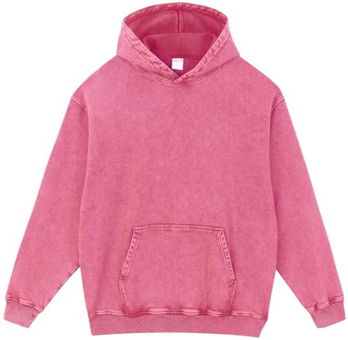 PADOLA Oversized Hoodie Pullover Herren Ausgewaschener Kapuzenpullover Dicke Baumwolle Sweatshirt Y2K Vintage Jacke Used-Look Basic Langarmshirt Rerto Strickjacke Übergangsjacke (L, Rosarot)