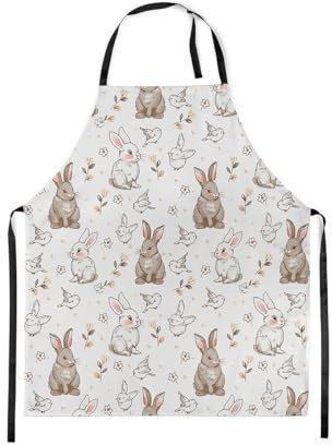 Loussiesd Weißes braunes Kaninchen Kochschürze für Köche Kochen Cartoon Nettes Kochschürze für Jugendliche Frische Blumen Schürze Kawaii Tier Kochen Küche Wasserdicht Küchenschürze