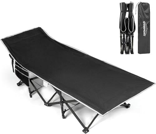 OVERMONT Klappbar Feldbett Faltbar Campingbett - Camping Bett 190 x 71 x 36 cm - bis 250kg Belastbar - 2400D Oxfordgewebe mit Seitentasche Tragetasche für Camping Garten Büro Schwarz