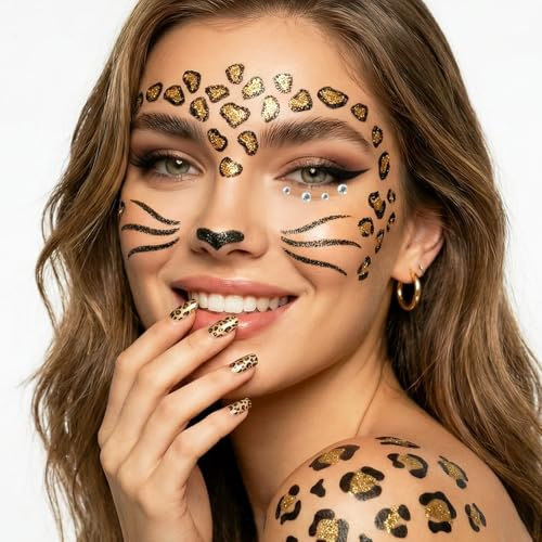 3-teilig Leoparden Gesichtstattoo Karneval Erwachsene & Kinder, Temporäres Glitter Gesichtstattoo, Leoparden Stickers und Nagelsticker, Glitzer Tattoo Set für Fasching, Karneval & Motto Partys