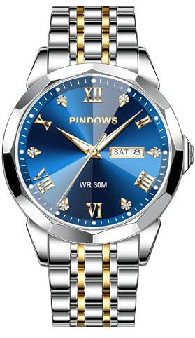 PINDOWS Armbanduhr für Herren Diamanten Business-Dress-Stil analoges Quarzwerk luxuriöse wasserdichte Armbanduhr Leuchtzeigern Datumsanzeige zweifarbiges Edelstahlarmband klassisch-modische Herrenuhr