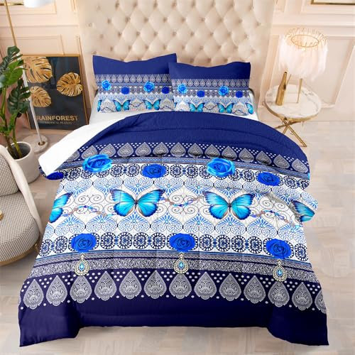 Bettdecke 140X200 Blauer Schmetterling Bettdecken 200Gsm,Dünne Und Leichte Duvet,4 Jahreszeiten Bettdecken,Weiche Mikrofaser Bettdecke Mit 2 Kissenbezüge,Warm Steppbettdecke Für Allergiker
