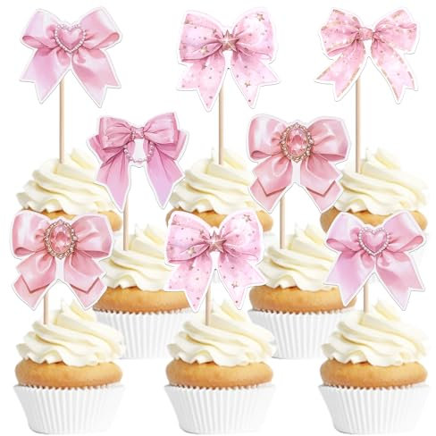 Xsstarmi 40 Pack Pink Princess Bow Cupcake Toppers Shiny Bowknot Cupcake Picks Princess Birthday Theme Cake Decorations for Bow Theme Princess Girl's Birthday Wedding Party Supplies