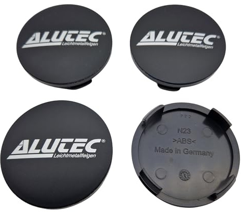 4X Alutec Nabendeckel 60mm Schwarz Matt (N23) Logo Silber (All) - Original Felgendeckel/Nabenkappe/Hubcap
