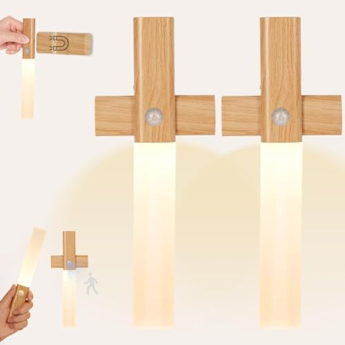 HOTUT Motion Sensor Night Light, 2 Pack LED Motion Sensor Lights Indoor, Rechargeable LED Night Light (AUTO/ON/Off), Stick-On Cupboard Light with Magnetic Base for Wardrobe Bedroom Cabinet, Warm White