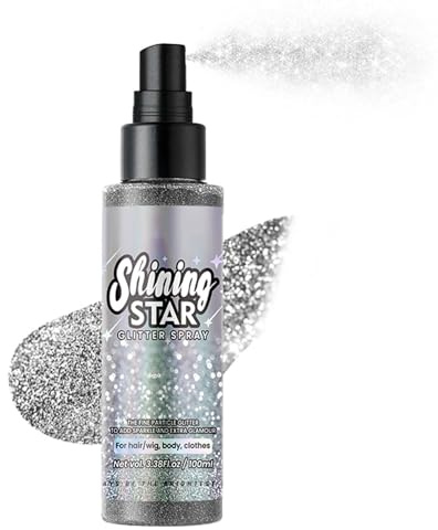 Body Glitzer Spray, 100ml Glitzerspray, Glitzer Spray Haare und Körper, Wasserfest Schimmernder Haarglitzer, Langlebig Shinning, Glitzer Gesicht für Halloween Rave Party, Festival Accessoires(Silver)