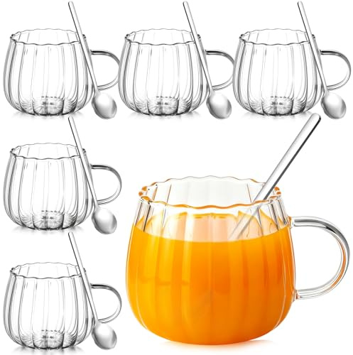 Layhit Set di 6 tazze da caffè in vetro a forma di zucca con cucchiai, 382,7 g, tazze da tè trasparenti con manico, mini cucchiaini per latte, latte, cappuccino, espresso, bevande fredde o calde