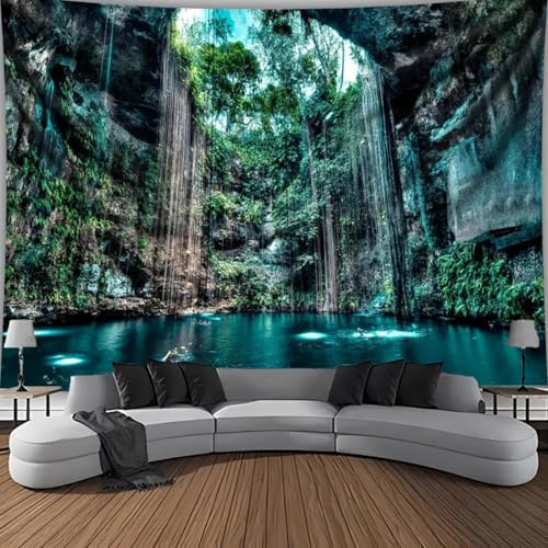 Arsey Tropischer Wasserfall Wandteppich Höhlen-Natur-Schwimmbad Landschaft Fotohintergrund Wandteppiche - Große Größe Dekoratives Hängendes Wandtuch, Grün, 300 x 180cm