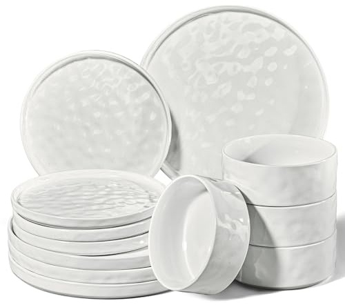 Homikit Service de table 12 pièces pour 4 personnes, service de table combiné avec assiettes plates, assiettes à dessert et bols à céréales, passe au micro-ondes et au lave-vaisselle, blanc moucheté