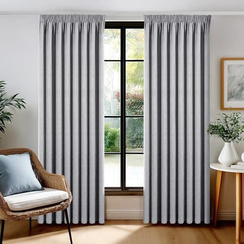 Deconovo Gardin 100 % mörkläggning med veckband - gardiner för vardagsrum med ljud- och värmeisolering - mörkläggningsgardiner med värmeskydd, 140 x 260 cm, mörkgrå, 2 paneler
