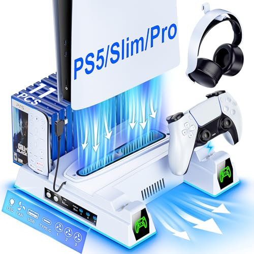 Upgraded All-in-One PS5 Cooling Stand with LED Lights, for PS5/PS5 Slim/PS5 Pro Disc & Digital, Triple Adjustable Fans, Dual Controller Charger Station for DualSense/Edge, Game & Headset Holder