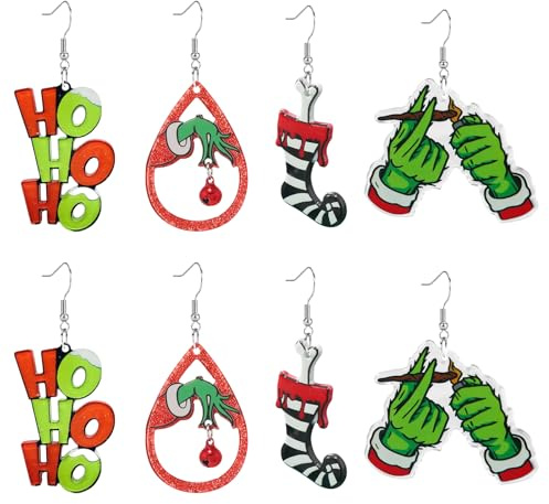 PIujsym Grinch Weihnachtsohrringe Damen - 4 Paar Grinch Deko Ohrringe Set, Lustige Weihnachtsschmuck für Frauen zur Weihnachtsfeier und Party