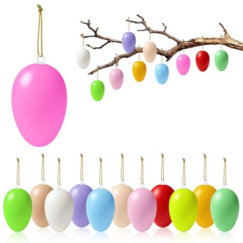 Jiaoshou Pan 24 Stück Ostereier zum Aufhängen Draußen, 6cm Bunte Ostereier Outdoor Wetterfest, Kunststoff Deko Eier für Osterei Baum Hängende Dekoration und Osterkörbchen (12 Farben)