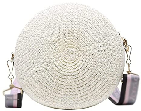 Stråväska Straw Woven Crossbody Women Rund Axelväska Dam Weave Summer Tote Bag För Kvinnor(White)