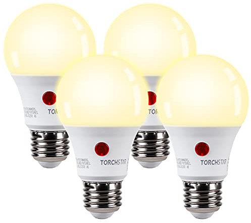 TORCHSTAR Dusk to Dawn Light Bulbs Outdoor, Sensor A19 LED Light Bulb, Auto on/Off Photocell Automatic for Outdoor Lighting, 2700K, Pack of 4