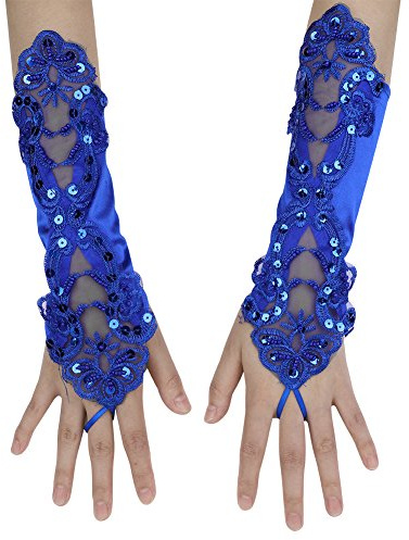 Ladies Lace Satin Sequin Evening Gloves - Bridal Wedding Fingerless With Finger Loop for Opera, Communion, Prom, Pageant, Masquerade, Cocktail Party, Fancy Dress Costume