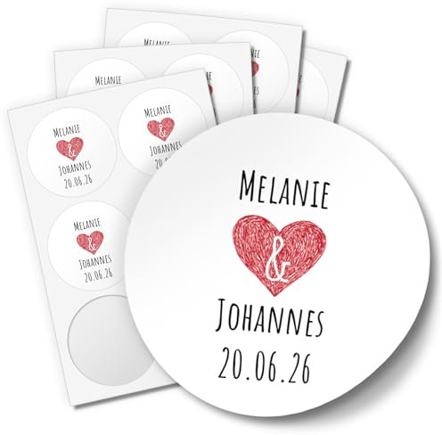 24 runde Design Etiketten zur Hochzeit personalisiert - WEISS - Namen und Datum individuell Braut und Bräutigam - Hochzeits-Aufkleber